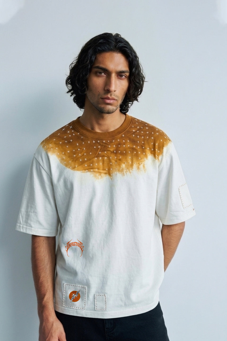 Burnt Fade Cross Pattern T-Shirt (White Orange Edition)