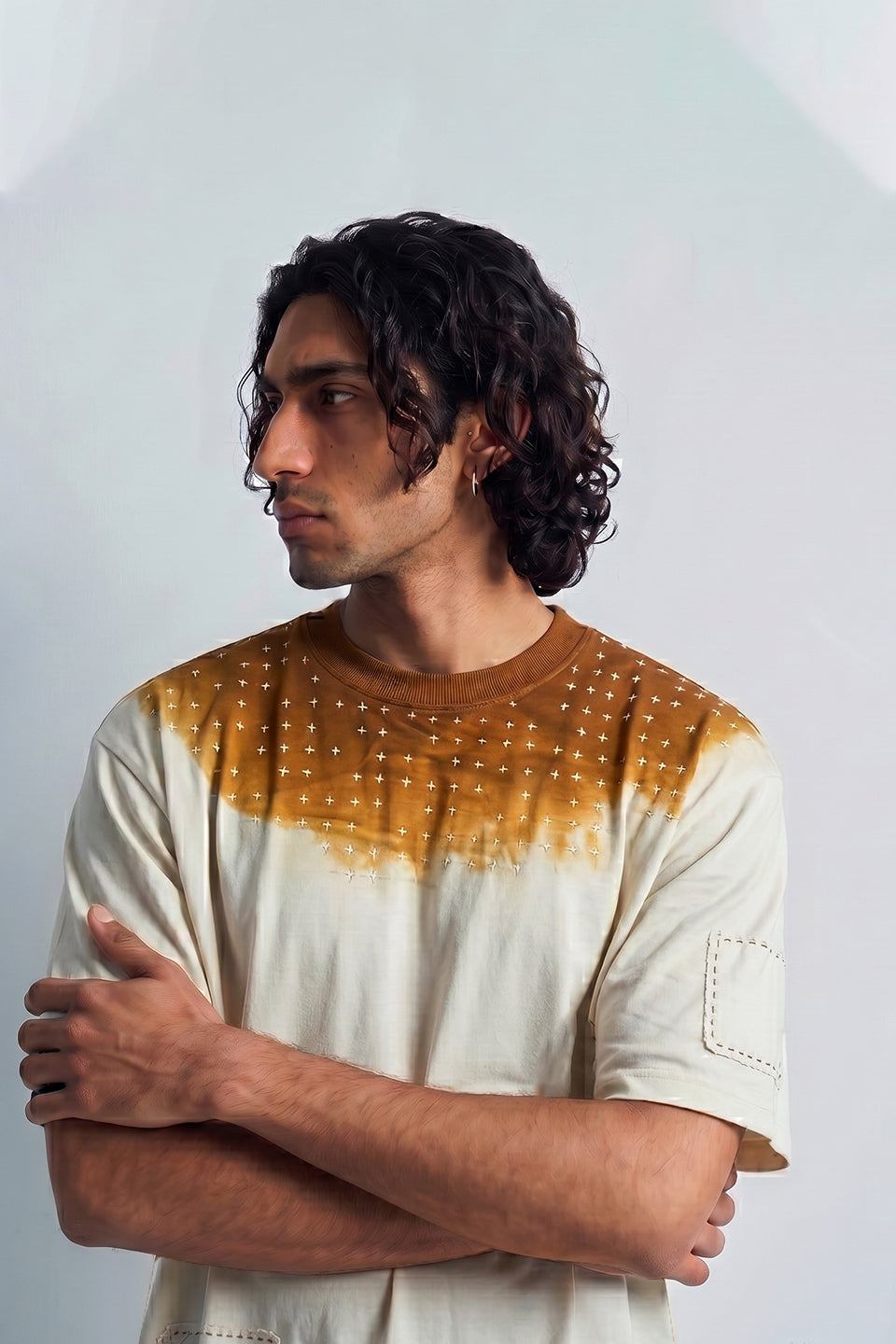 Burnt Fade Cross Pattern T-Shirt (White Orange Edition)